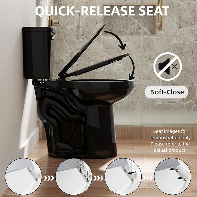 21 Inch High Black Toilet, Los Flexi Comfort 21" Extra Tall Toilets For Seniors, Elongated Bowl, Two-Piece Glossy Black Design, 1.28 GPF Single Flush, Soft-Closing Seat, 12-Inch Rough-In