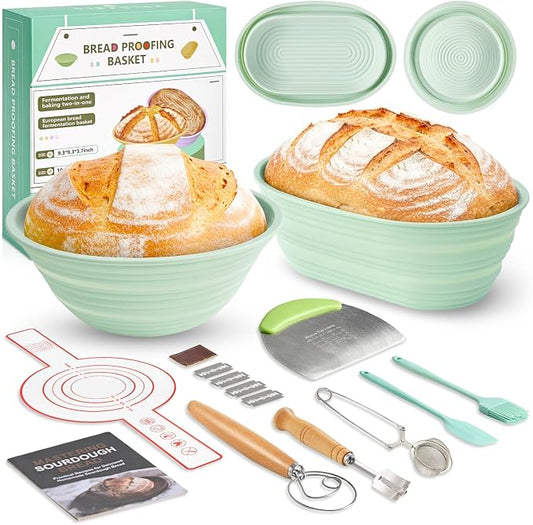 Sourdough Starter Kit, 9PCS Sourdough Breads Baking Supplies, Silicone Banneton Bread Proofing Basket Set with 9" Round & 10" Val, Bread Sling, Whisk, Bread Lame, Sour Dough Baking Tools