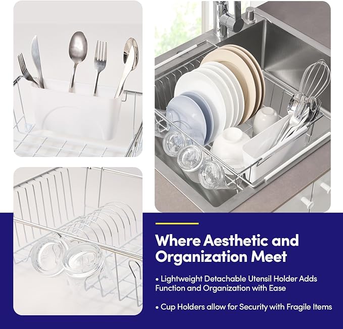 Dish Drying Rack Over The Sink Expandable to 24.5" Dish Drainer — Space-Saving Rectangular Kitchen Extending Drying Station with Utensil Holder, Fits Most Sinks for Easy Dish Organization, White