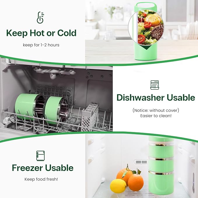 Lille Home Stackable Stainless Steel Thermal Compartment Lunch/Snack Box, 3-Tier Insulated Bento/Food Container with Lunch Bag and Three Extra Seals, 43OZ (Green)