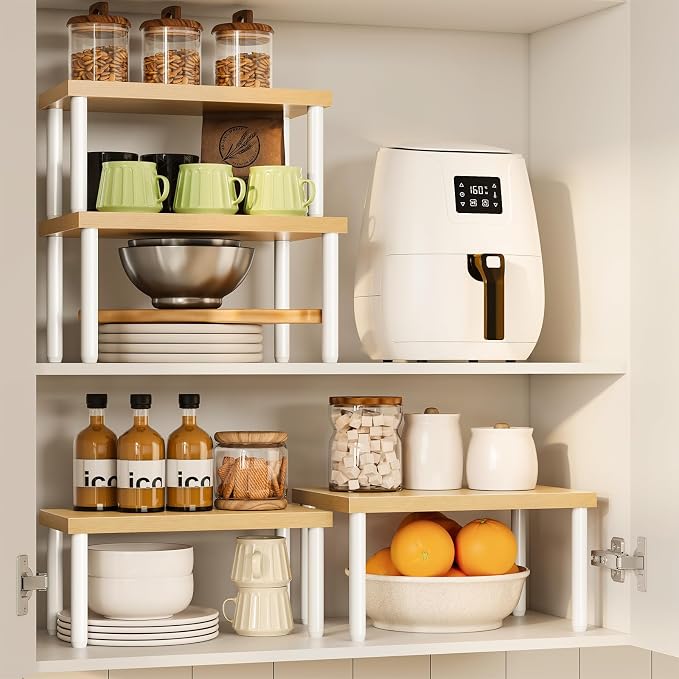 HOOBRO Cabinet Organizer Shelf, kitchen countertop organizer, Kitchen Storage, Spice Rack for cabinet, Stackable, Expandable, for Countertop,kitchen,cabinet, White and Natural WN15TL01