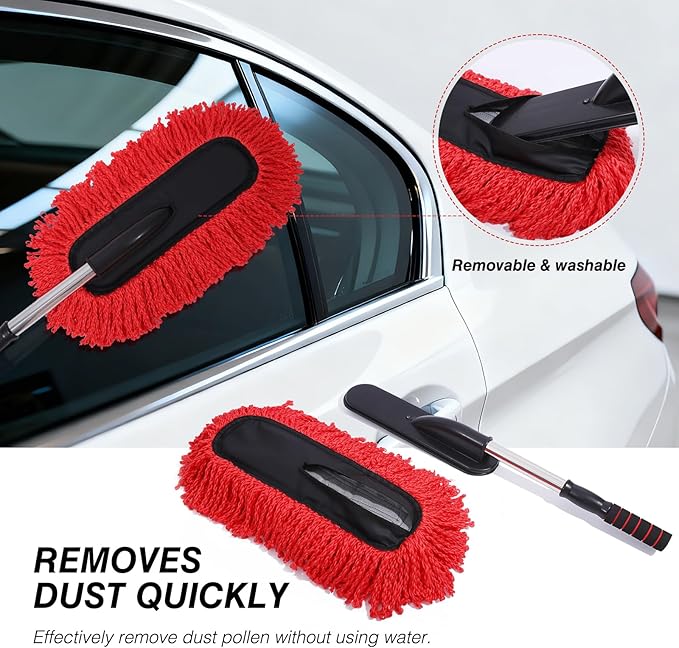 IPELY 3 Pack Large Red Microfiber Car Duster Exterior Scratch Free with Extendable, Car Duster Interior Multipurpose dust Cleaning