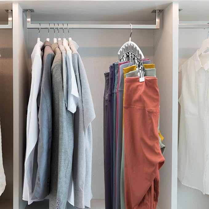 Legging Organizer for Closet, Metal Yoga Pants Hanger w/Rubber Coated 4 Pack w/10 Clips Hold 40 Leggings, Hangers Space Saving Hanging Closet Organizer for Closet Organizers and Storage-White