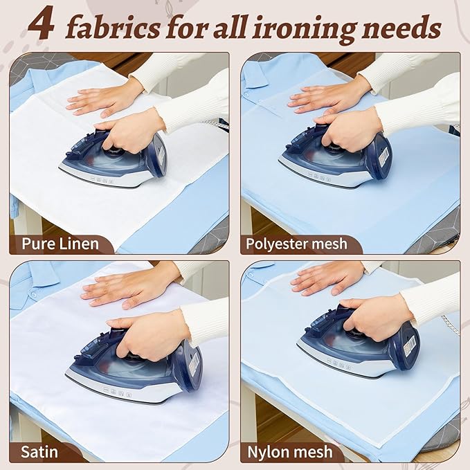 HunnmingRe 4 Types Pressing Cloth for Ironing, Include Linen, Nylon, Satin, Nylon Mesh Cloth Fabrics, 4 Types of Different Fabric Pressing Cloths for Clothes Protect (Medium)