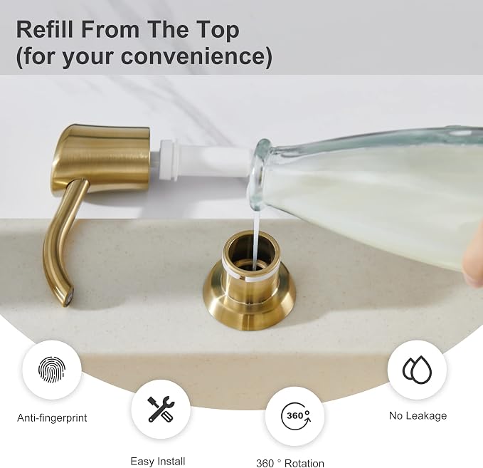 Built in Sink Soap Dispenser or Lotion Dispenser for Kitchen Sink, Brushed Gold ABS Pump Head, with 17 Ounce Large PET Soap Bottle