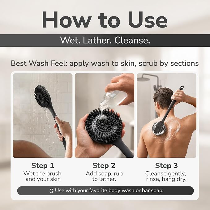 SILKLE Silicone Back Scrubber for Shower - Back Scrubber with Long Handle, Shower Back Scrubber & Body Scrubber with Handle, Exfoliating Back Scrubber, Back Brush for Shower with Textured Grip - Black