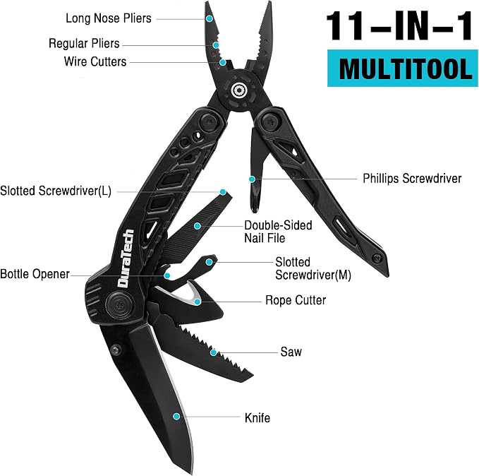 DURATECH 11-In-1 Multitool Knife, Multi Tool Pocket Knife, EDC Multi-Tool | Gift for Men, Stainless Steel, Large Blade, Pliers, Screwdrivers, Saw, Oxford Sheath, For Outdoor, Camping, Survival