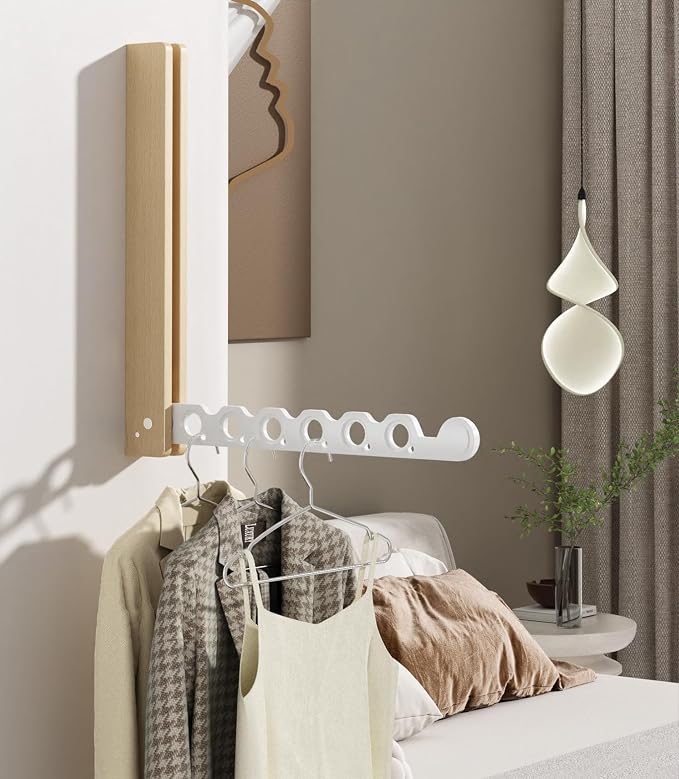 Natural Wood Folding Clothes Hanger Rack for Laundry Room, Wall Mounted Clothes Drying Rack, Laundry Drying Rack Foldable, Perfect for Small Spaces, Beech Wood White