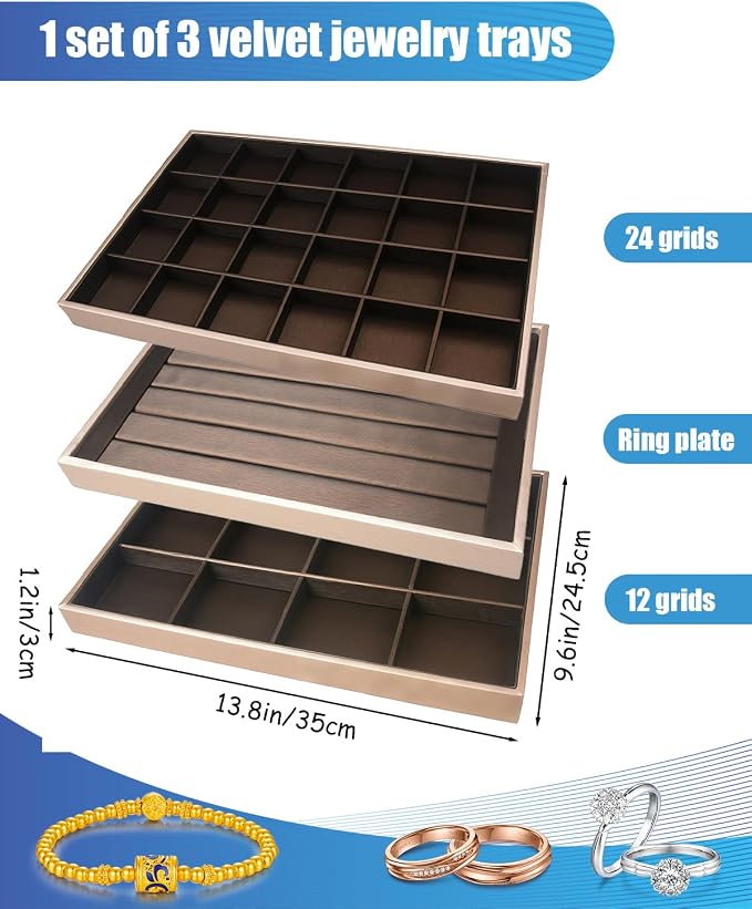 Rocutus Jewelry Trays,3 Pack Stackable Velvet Jewelry Organizer Tray Drawer Jewelry Storage Tray,Divided Ring Organizer Tray for Earrings, Necklaces, Bracelets,13.8"x9.5"x1.2" (Champagne Gold)