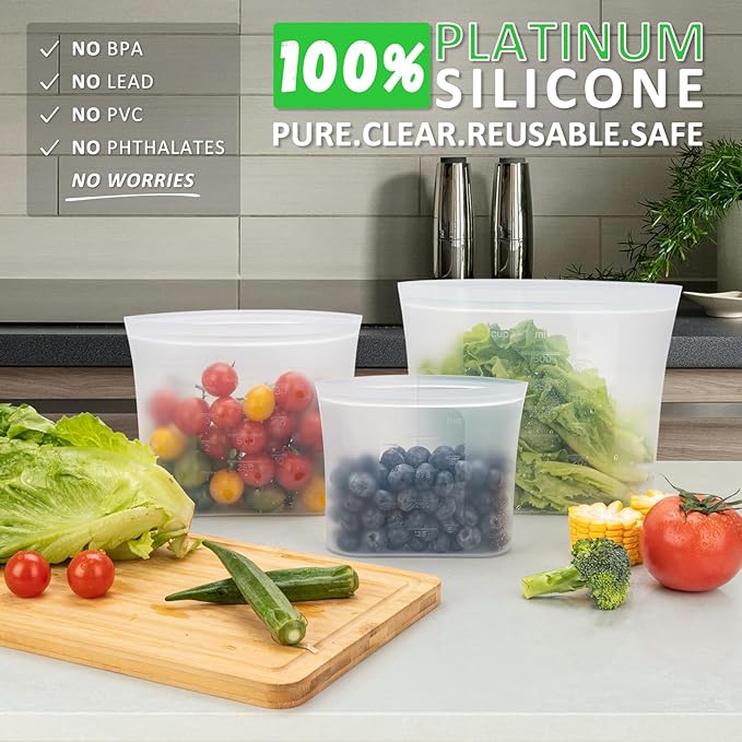 100% Platinum Silicone Reusable Storage Bags, 12 Pack, Premium Silicone Food Storage Bag Stand-Up Wide-Mouth Zip-Lock, Microwave Dishwasher Safe, 4 M + 4 S + 4 XS, Crystal-Clear