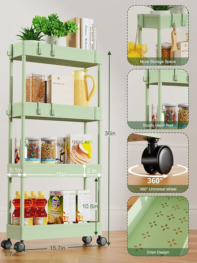 LEHOM 5.1" Slim Storage Cart - 4 Tiers Bathroom Organizer Rolling Utility | Mobile Shelving Unit Storage Rolling Utility Cart Slide Out Organizer for Kitchen Bathroom Laundry Narrow Places, Green