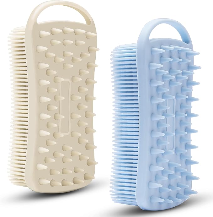 MtBoi 2 PC Silicone Body Scrubber, 2 in 1 Exfoliating Shower Bath Scrubber, Soft Silicone Loofah for Sensitive Skin, Shower Hair Scalp Massager, Easy to Clean, Lather Well (Grey&Blue)