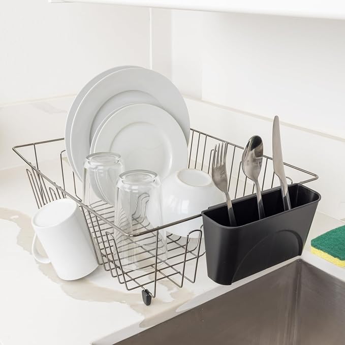 Large Wire Dish Drying Rack and Drainer, Kitchen Countertop Dish Rack for Plates, Cups and Utensils, Black/Chrome, 17.5" x 13.7" x 5.5"