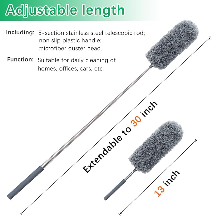 4 Pack Small Microfiber Feather Duster, with 13" to 30" Extendable Pole, Microfiber Head, Cleaning Tool for Cleaning Office, Car, Computer, Furniture, Sofa (Orange/Blue/Green/Gray)