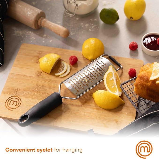 MasterChef Cheese Grater Handheld, Kitchen Food Shredder Tool for Grating Parmesan, Garlic, Ginger etc, Small Flat Zester Grater, Stainless Steel with Non Slip Rubber Foot and Easy Grip Handle