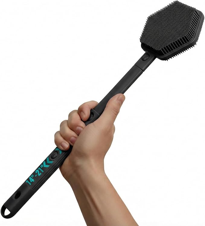 AIMAIAIMAI Silicone Back Scrubber for Shower – 21in Extendable Shower Brush with Long Handle – Dual-Sided Back Brush with Non-Slip Grip, Gentle Cleansing & Exfoliation for Men, Women, Elderly (Black)