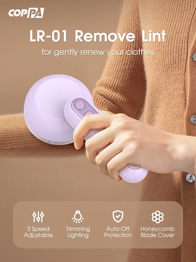 COPPA Lint Remover, LR-01 Remove Fuzz Lint USB-C Rechargeable 6 Blades & 3 Speed Mode Shut-Off Protection Portable Fuzz Remover with Battery Display for Clothing Furniture Curtain