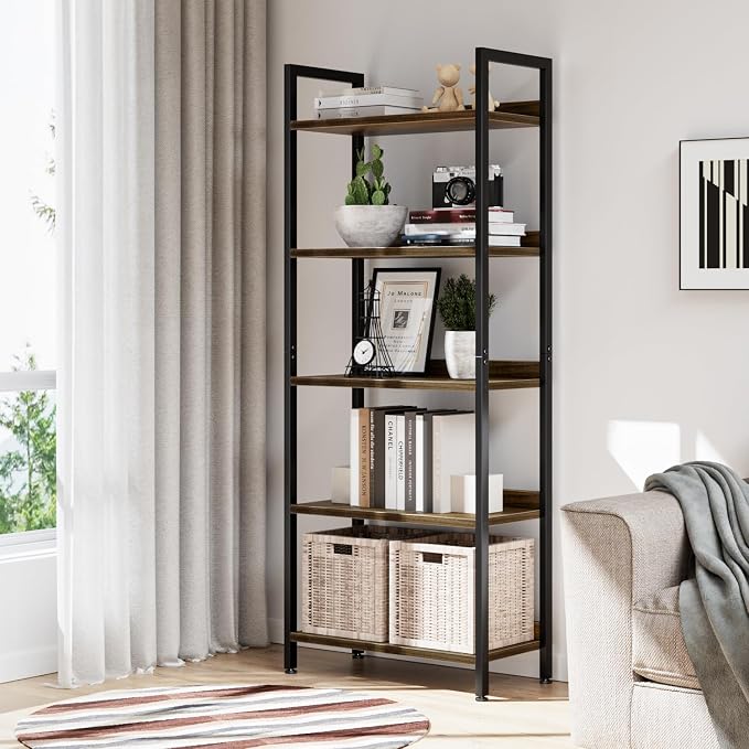 NUMENN Bookshelf, 5 Tier Freestanding Shelving Unit, Dark Walnut | Metal Frame & Wood Shelves, Falling Prevention Baffle, Open Storage Bookcase for Bedroom, Living Room & Home Office
