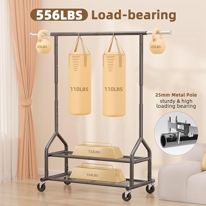 EAGMAK Heavy Duty Clothes Rack Load 556 LBS, Rolling Clothing Rack With Shelves, Height Adjustable Metal Clothes Hanger with Wheels Portable Wardrobe Organizer Garment Rod for Hanging Clothes (Black)