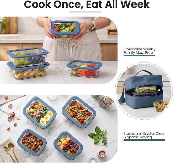 Taree Glass Food Storage Containers, 8 Pack, 21.6oz & 35.5oz, Blue Lids | Ocean Blue Lid Design • Glass & Silicone Lids • Airtight Leakproof Seal • Built-In Steam Vent • Microwave-Safe Lid