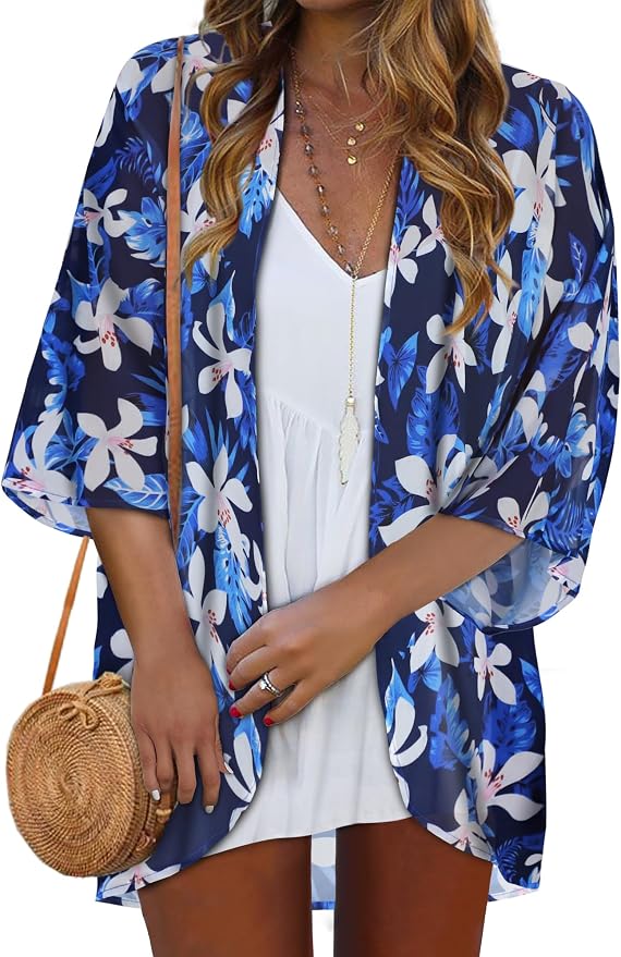 Women Kimono Cardigans Summer Cover Up Hawaiian Shirts Floral Print Tops | ROSEMIA chiffon kimono open front cardigans, beach cover ups, daily casual tops, cruise outfits, summer resort wear