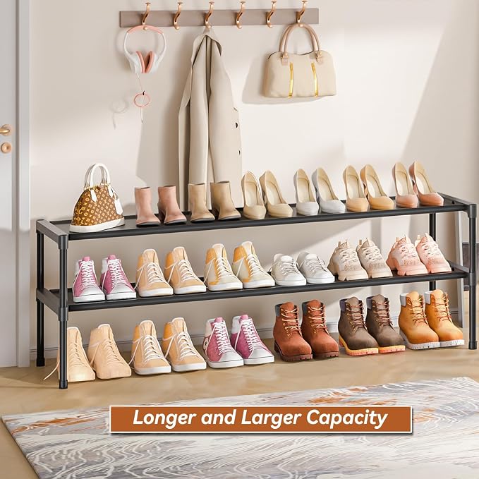 LUKYTOWER Extra Long Shoe Rack 2 Tier Wide Shoe Storage Organizer | Sturdy Durable Shoes Rack for Closet, Entryway, Dorm, Save Space Stackable Shoe Shelf Stand Holder