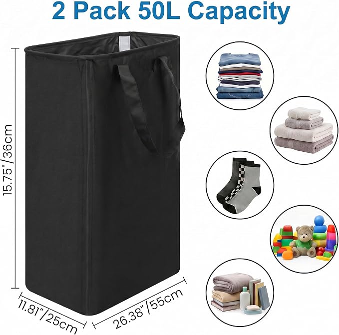 efluky 2 Pack Slim Laundry Basket, Narrow Laundry Hamper with Handles, Collapsible Dirty Clothes Hamper, Tall Laundry Bin for Laundry Room, Dorm and Bedroom, 50L Black