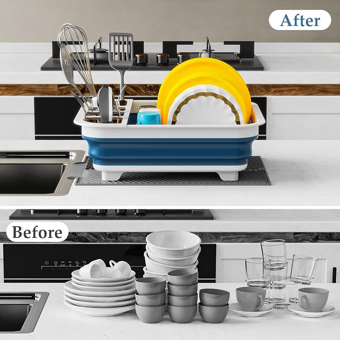 Dish Rack,Drying Rack Kitchen, Dish Racks for Kitchen Counter, Collapsible Dish Drying Rack—Suitable for Kitchens, motorhomes, Yachts, Campers - Blue-White (with Silicone Drain Pad)