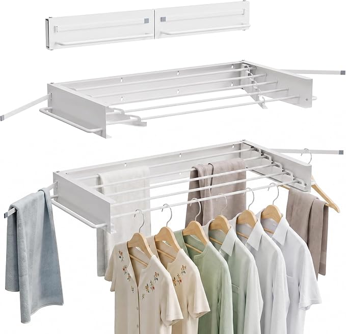 JOOM Wall Mounted Clothes Drying Rack,31.5 Inch Foldable Rack,White,Poles | 5 Aluminum Rods, 60 lb Capacity Collapsible Wall Mount Laundry Drying Rack for Laundry Room, Bathroom, Balcony
