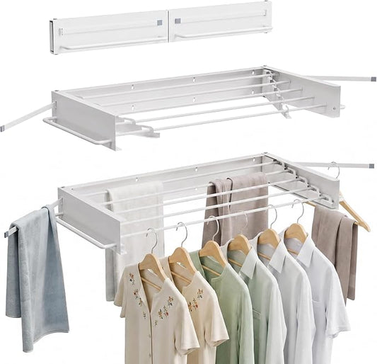 JOOM Wall Mounted Clothes Drying Rack,31.5 Inch Foldable Rack,White,Poles | 5 Aluminum Rods, 60 lb Capacity Collapsible Wall Mount Laundry Drying Rack for Laundry Room, Bathroom, Balcony