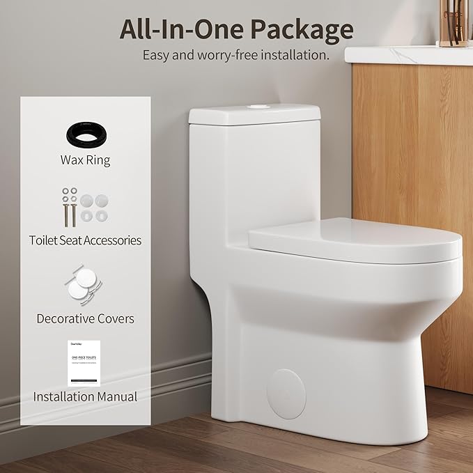 DeerValley Small One Piece Toilet with Soft Closing and Seat White Flush Button 12 Inch Rough-In Compact Toilets for Tight Spaces
