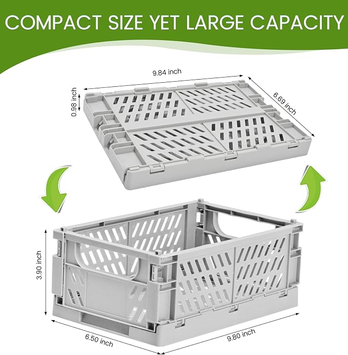 HUUSMOT 2-Pack Collapsible Plastic Storage Baskets, Grey, 9.8"x6.5"x3.8" | Pastel, Space-Saving, Collapsible Plastic Bins, Cute Mini Storage Crates, for Classroom, Kitchen, Office, Bedroom