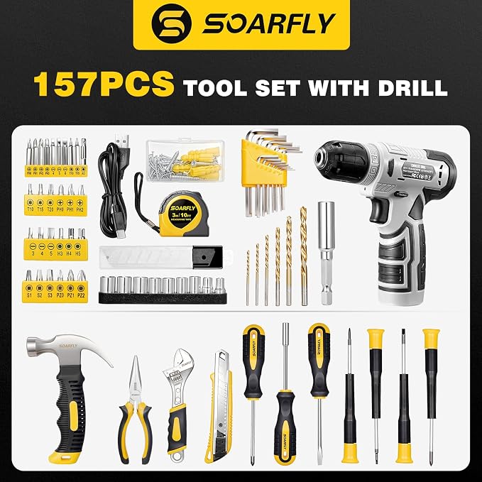 Tool Set, Tool Kit for Home, 8V Cordless Drill Set, 157 PCS Tool Kit with Drill, General Household Hand Tool Box with Storage Case, Power Drill Kit for Women and Men, Home Maintenance and Repairs