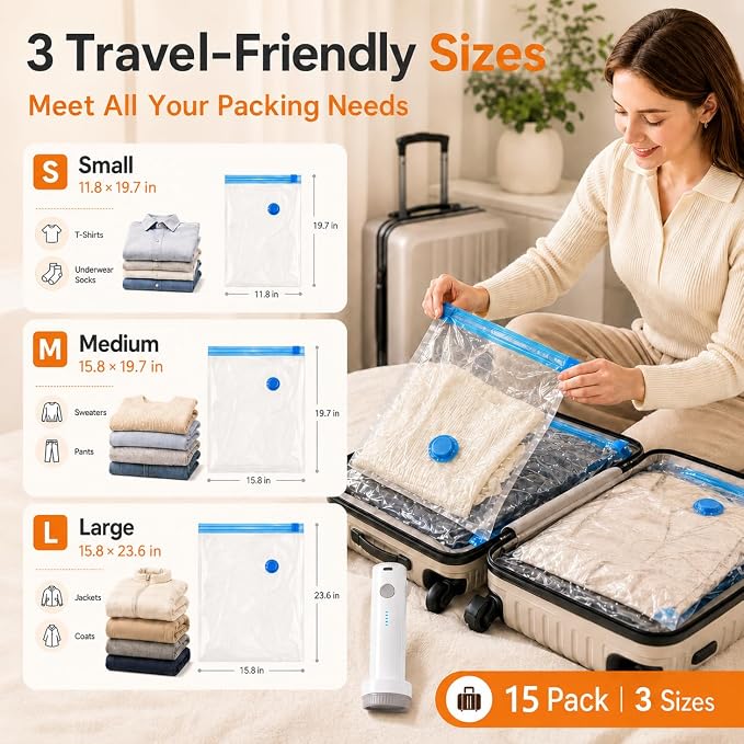15 Pack Travel Vacuum Bags with Portable Electric Pump, Carry On Vacuum Seal Bags for Luggage and Suitcase, Space Saver Storage for Clothing and Travel Organization
