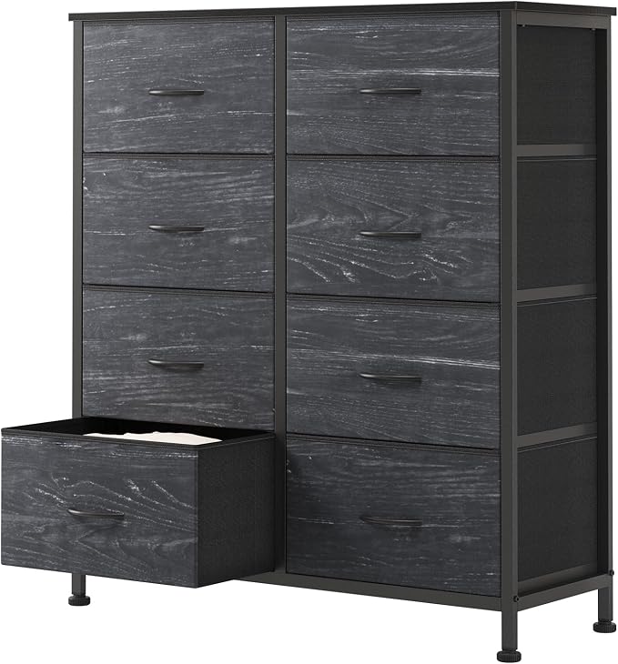 OLIXIS Dresser for Bedroom, 8 Storage Drawers, Tall Fabric Tower Organizer | Large Dresser for Closet, Chest of Drawers with Metal Frame Wooden Top for Nursery, Living Room, Black Wood Grain