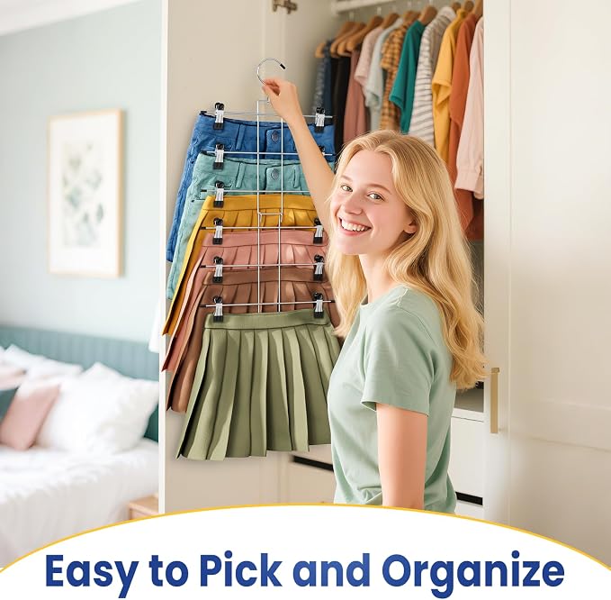 DAMITA Skirt Pants Hangers with Clips Space Saving Hanging Closet Organizer 6 Tiers Hanger with 360° Swivel Hook, Finger-Safe Design- College Dorm Room Apartment Essentials 3-Pack