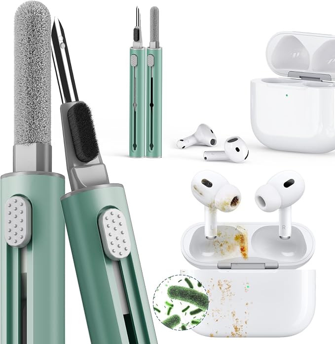 Inesore Multi Cleaning Kit for AirPods & All Bluetooth Earbuds (Green) | Metal Tip, High-Density Soft Brush, Flocked Sponge Tip, 3 in 1 Design, Compact & Lightweight, Easy Operation, Easy to Carry