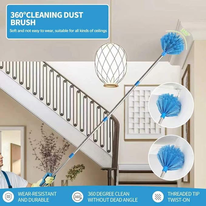 High Reach Duster Kit with14 ft Extension Pole High Ceiling Dusting and Window Cleaning Kit with Spliceable Pole - Cobweb Duster, Fan Blade, Window Washer & Squeegee and Feather Dusters