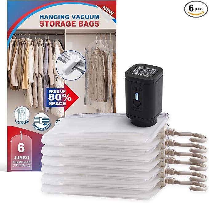 Hanging Vacuum Storage Bags For Clothes with Electric Pump, 6 Pack Large Hanging Space Saver Bags, Vacuum Sealed for Clothing Travel Suits Dress Jackets for Moving Supplies(6 Long)