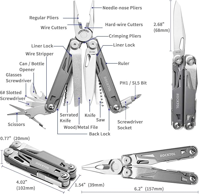Multitool SK02, VG-10 Knife,19-in-1 Multi-tool Pliers with Titanium-plated Handle,Compact & Lightweight EDC Multi Tool with Nylon Sheath for Men,Outdoor Survival,Hiking,Camping