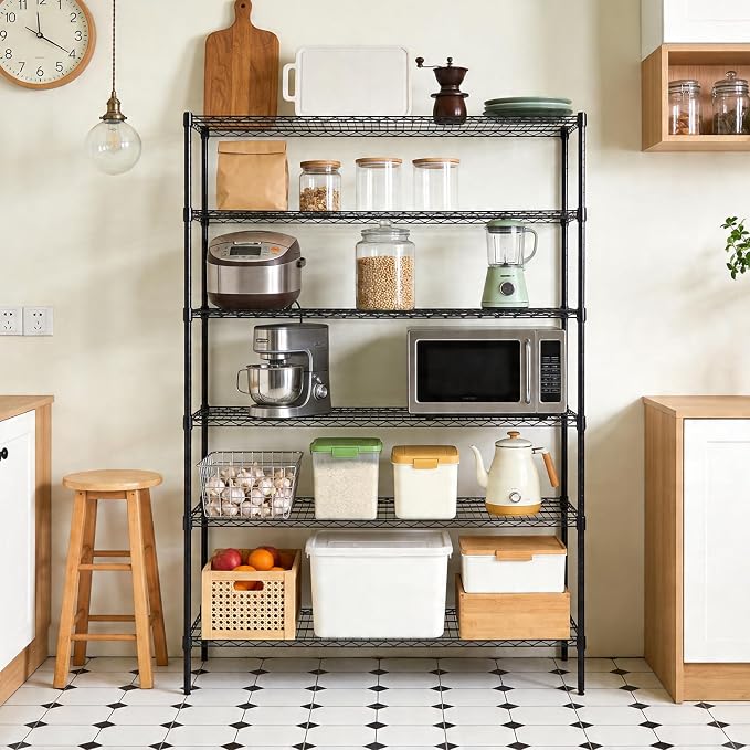 FDW 16" D×42" W×72" H Wire Shelving Unit Commercial Metal Shelf with 6 Tier Adjustable Layer Rack Strong Steel for Restaurant Garage Pantry Kitchen Garage，Black