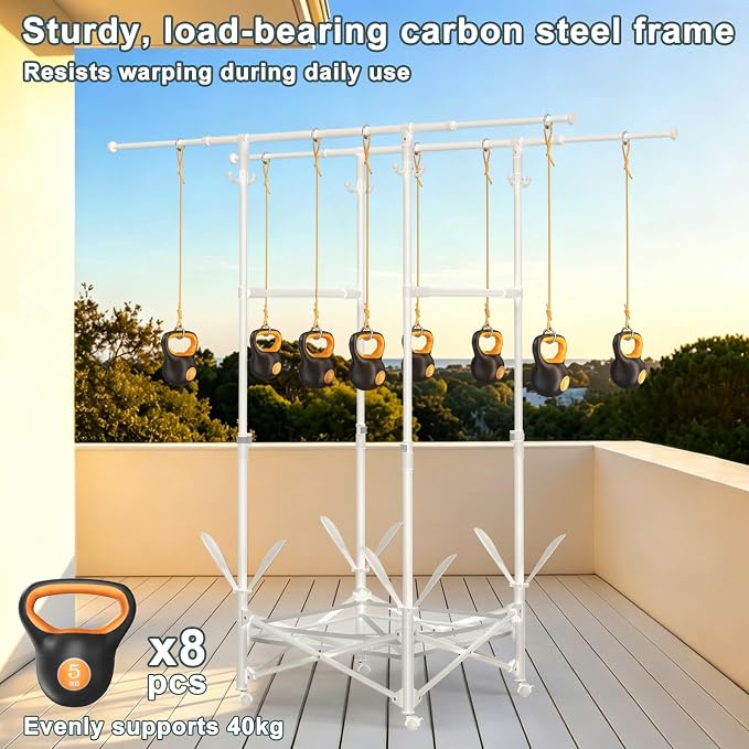 Portable Foldable Clothes Drying Rack - Adjustable Double Extendable Rods (33.1” to 56.7”) -Portable Coat Rack for Travel, Camping, Drying, RV, Indoor, Outdoor, Easy Assemble（White