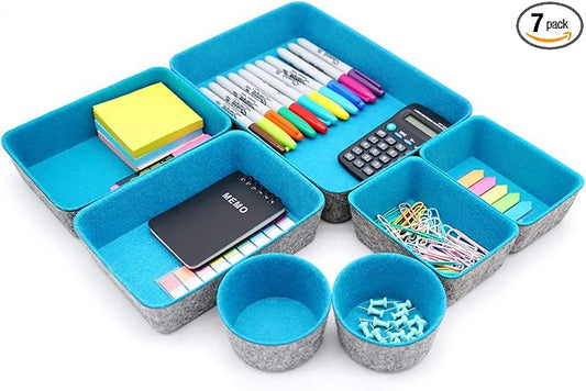 Welaxy Drawer organizers bins felt tray desk storage bins dividers small organizing box for office supplies closet cabinet makeup holder Fall room decor 7-piece (Turquoise)
