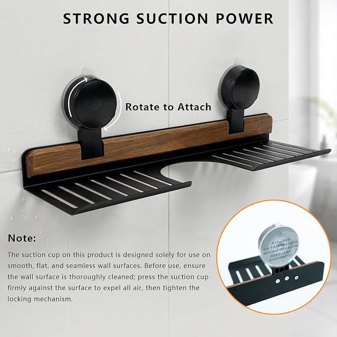 Over Sink Shelf with Walnut, 15.7" Tool-Free Organizer, Strong Suction Cup Rack with Easy Drainage for Kitchen & Bathroom