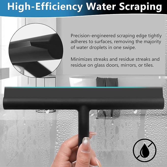 Shower Squeegee for Glass Doors, Full Silicone Jacketed Squeegee with Ergonomic Handle & No-Drill Hook, Cleaning Tool for Windows, Mirrors, Tiles, Bathroom & Car - Black