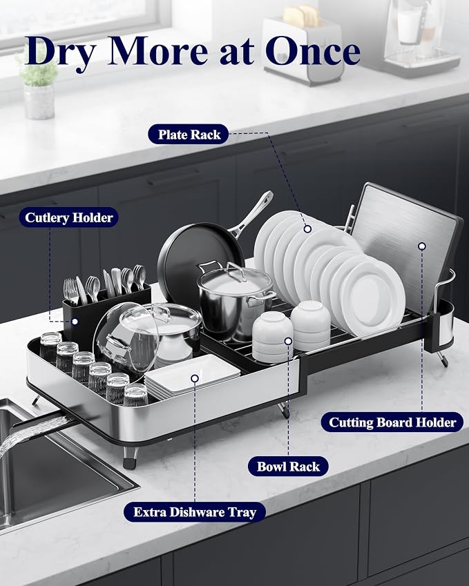 Kitsure Expandable Metal Dish Drying Rack, 16.1-26.6" L x 12.6" W, Black | Dish Racks for Kitchen Counter, Auto-Drain Drying Rack for Kitchen, Cutlery Holder, Non-Slip Feet, Anti-fall Fence