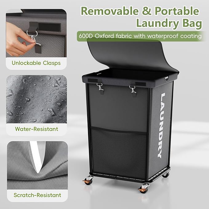 Laundry Hamper with Wheels and Lid, 150L Large Rolling Laundry Basket Gray | Heavy Duty Clothes Organizer, Sturdy Metal Frame, Lockable Swivel Casters, Removable Bag, For Bedroom, Bathroom, Laundry Room