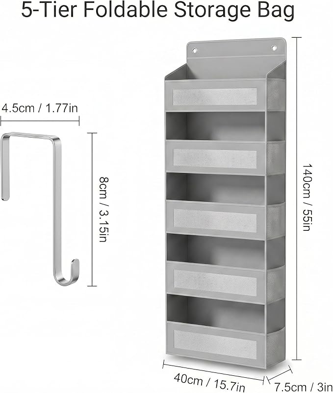 5 tier over the door organizer，behind door organizer，no drill door hanging storage for Bedroom Dorm Wardrobe Home Travel (Modern Minimalist Light Gray)