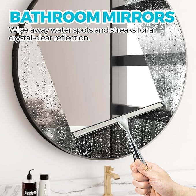 ALFLOD Shower Squeegee for Glass Doors, Tile Walls, Mirrors and Windshields | 10" silver, bathroom accessories, window cleaner, new home essentials, silicone blade, metal handle, adhesive hook