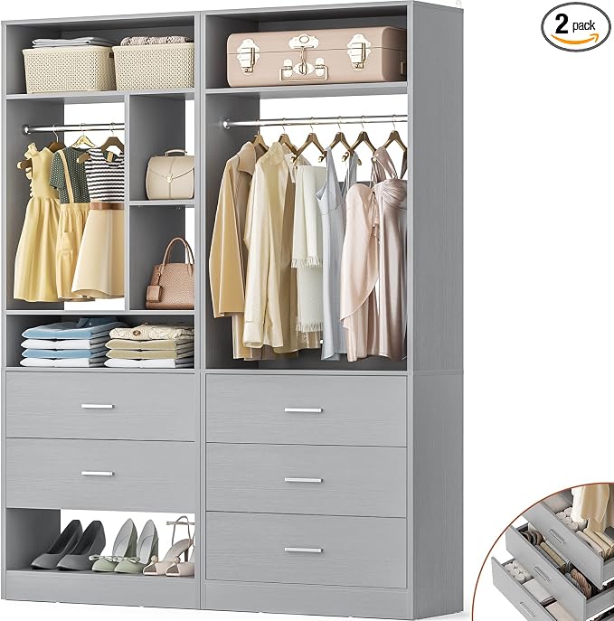 Besiost 4FT Closet Systems with 5 Wood Drawers, 48 Inch Closet Organizer System with 2 Hanging Rods & 7 Shelves, Heavy Duty 48" Walk-in Closet, Grey (48"L x 15" W x 80" H)